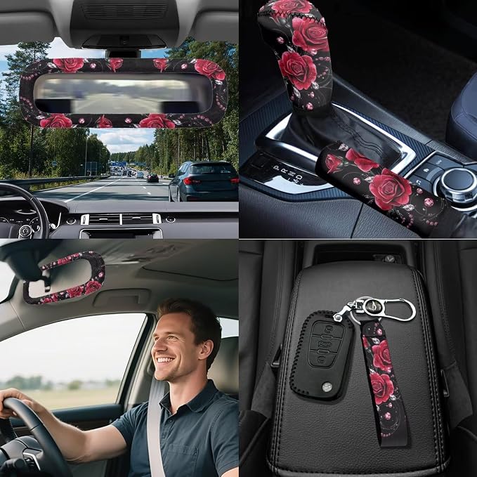18 Pieces Car Seat Covers Full Sets Red Rose Car Accessories Set with Red Rose Steering Wheel Cover Auto Trash Can for Women Car Headrest Covers Belt Pads Cover Romantic Auto Armrest Pad