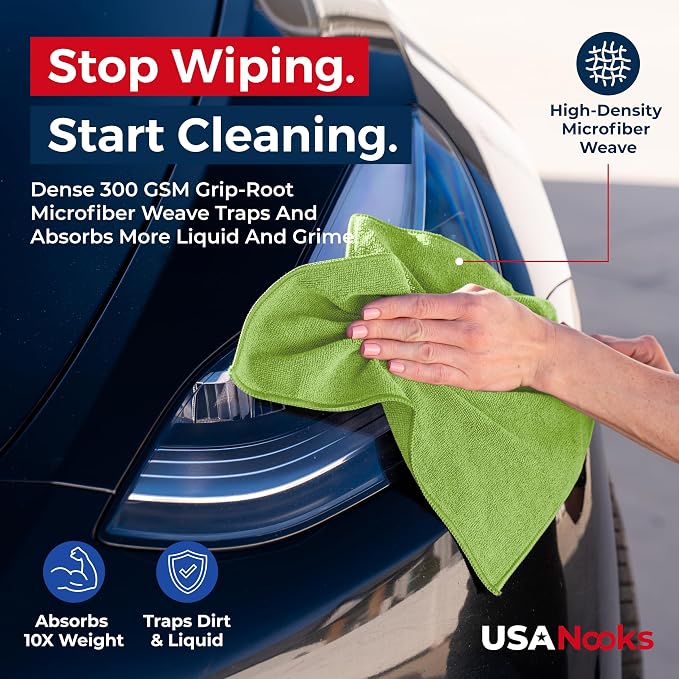 USANOOKS Microfiber Cleaning Cloth Light Green - 50 Pcs 12.5"x12.5" - High Performance - 1200 Washes, Ultra Absorbent Towels Weave Grime & Liquid for Streak-Free Mirror Shine - Car Washing Cloth