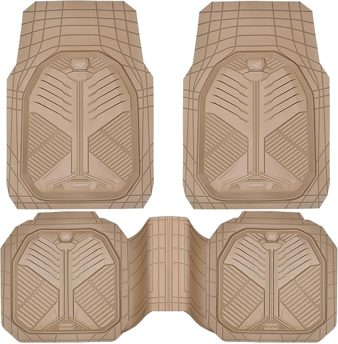 CAR PASS Heavy Duty Rubber Car Mats, Deep Dish Car Floor Mats Full Set, Universal All Weather Automotive Mats 3 Pieces Trim to Fit for Sedans SUVs Trucks, Waterproof Anti-Slip Floor Mats, Full Beige