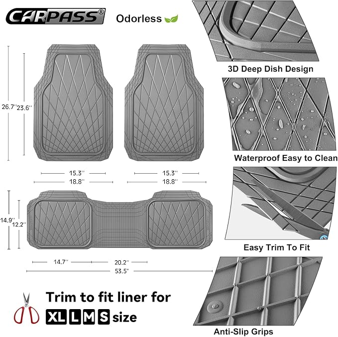 CAR PASS Piping Luxury PU Leather Two Front Car Seat Covers and 3 Pieces Heavy Duty Rubber Deep Dish All Weather Car Floor Mats, Universal Fit for 95% Sedan SUV Van Truck, All Gray