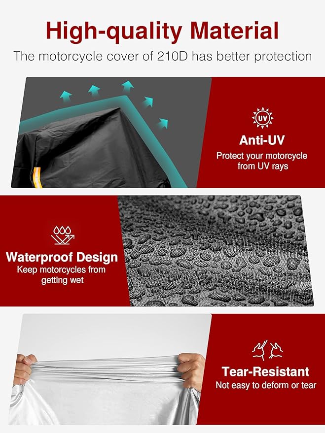 Puroma Motorcycle Cover Heavy Duty Scooter Cover Waterproof Outdoor All Season Universal Weather Quality Protection with Night Reflective, Lock Holes and Storage Bag Fits up to 97" Motorcycle Vehicle