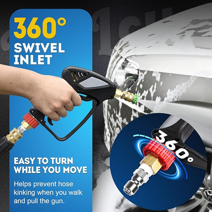 TOOLCY Pro Pressure Washer Gun and Wand, 5000 PSI High Pressure Washer Gun with 18" Curved Extension Wand, 360° Swivel, 1/4" Quick Connect Outlet, Includes 3/8" QC to M22-14mm Adapter & 5 Nozzle Tips
