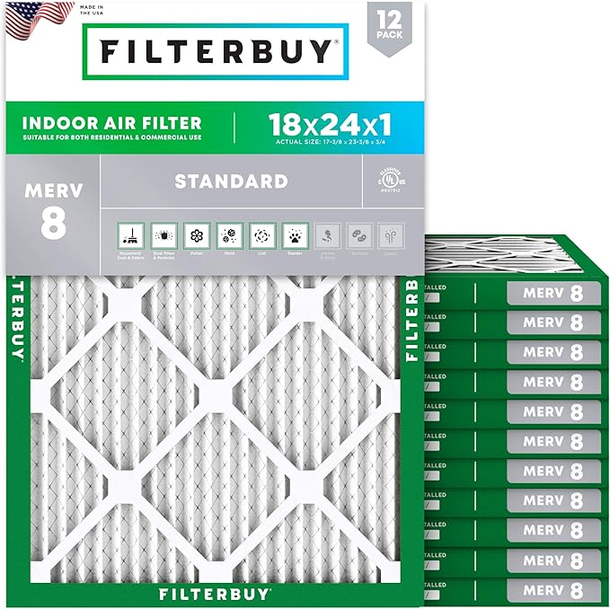Filterbuy 18x24x1 Air Filter MERV 8 Essential Dust & Allergy Defense (12-Pack), Electrostatic Pleated HVAC AC Furnace Filters Replacement (Actual Size: 17.38 x 23.38 x 0.75)