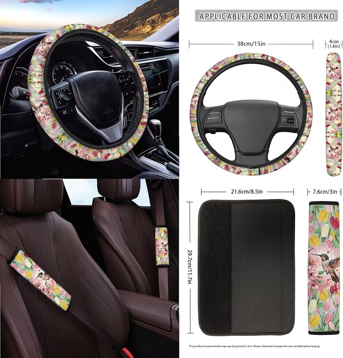 Hummingbird Tulip Floral Print Car Seat Cover Set of 15 Steering Wheel Cover Seatbelt Strap Pad Air Vent Storage Holder Trash Cans Rear View Mirror Cover Coasters Key Chain