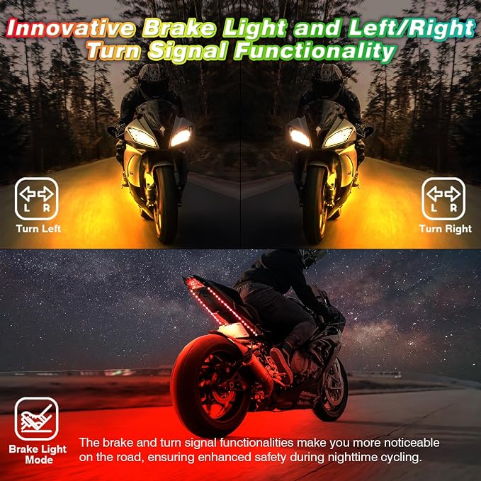 16PCS Chasing Effect Motorcycle RGB LED Lights Kit with APP/RF Remote Brake Turn Signal, Motorcycle LED Underglow Light Magic Strips kit Multi Color Underbody 12v Waterproof for Harley Honda