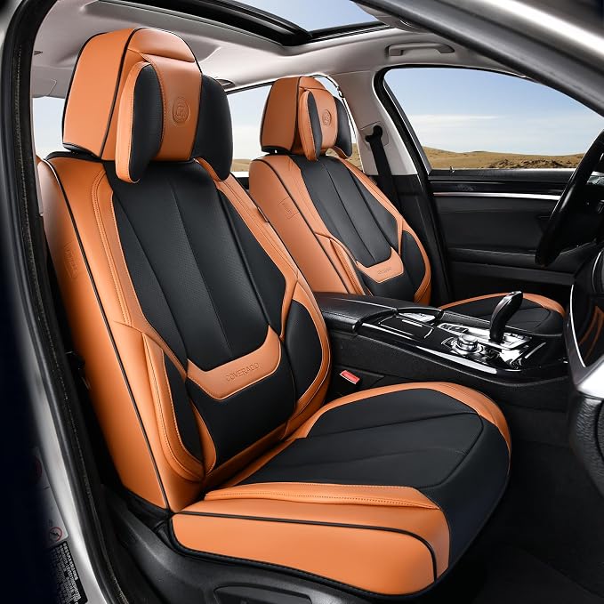 Coverado Universal Seat Covers Full Set, Universal Seat Covers for Cars, 5 Seats Waterproof Nappa Leather Car Seat Covers with Head Pillow, Auto Protectors Fit for Most SUV Pick-up Truck-Black&Brown