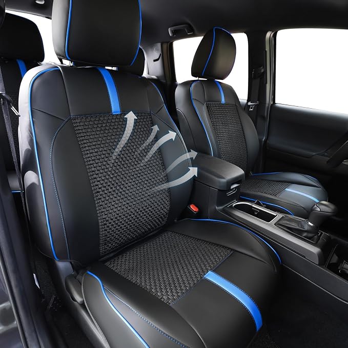 Front Seat Covers Custom Fit for Toyota Tacoma 2016-2023 Double & Crew Cab SR,SR5,Limited,TRD Sport,TRD Pro,TRD Off-Road,Full Coverage Leather Seat Covers,Interior Accessories,Blue Black