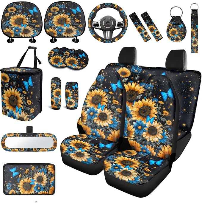 Butterfly Sunflower Print Car Seat Covers Full Sets 18 Pcs Universal Car Interior Accessories Sets Sunflower Print Steering Wheel Car Covers Auto Trash Can Car Headrest Covers Seat Belt Pads