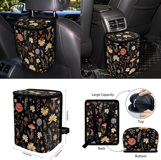 Mushroom Car Aaccessories Full Set of 15 Pcs, Dasiy Car Seat Covers Set with Rear View Mirror Cover,Steering Wheel Covers,Car Trash Can with Lid for Women Man,Universal Fit