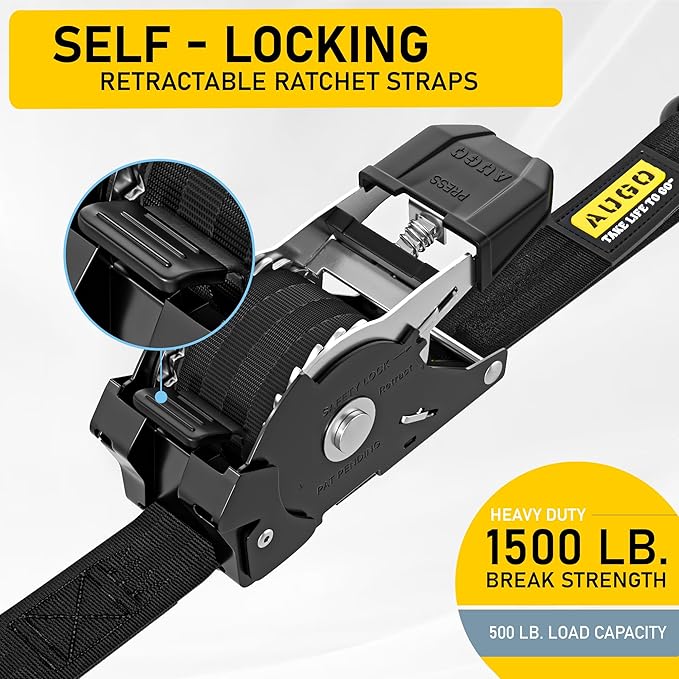 AUGO Self-Locking Retractable Ratchet Straps | 2 Heavy Duty Self-Tensioning Retractable Tie Down Straps with Soft Loops & Storage Bag | for Motorcycle, Truck, Cargo | 1500Lb Break Strength 1” x 12’