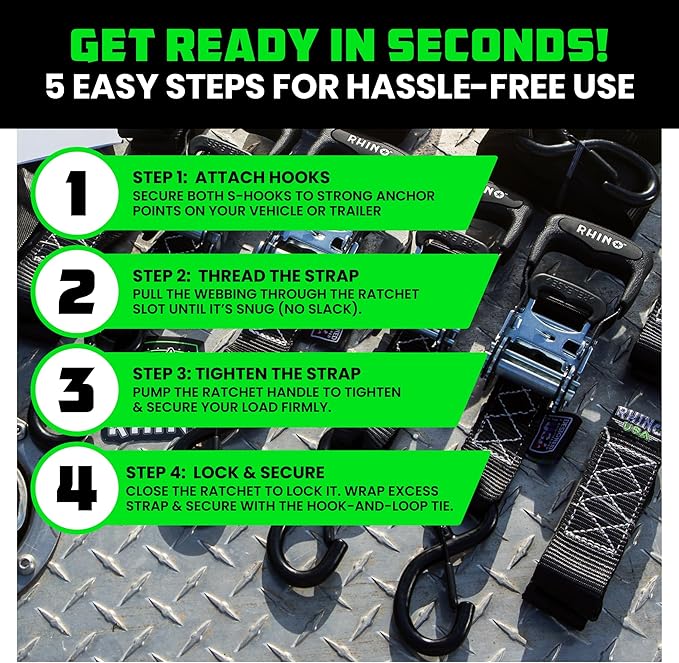 Rhino USA Ratchet Straps Heavy Duty Kit (4-Pack) - 1.6 Inch x 15 Feet Min Break Strength (5,000) - Ultimate Tie Down Straps with Safety S Hooks for Trucks, ATV, UTV, Motorcycle, Cargo & More - Black
