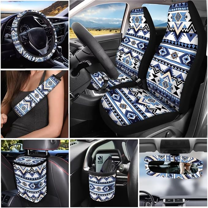 Dreaweet Navajo Native Western Car Seat Covers Full Set 15 Pcs Aztec Car Accessories with Steering Wheel Cover Seat Belt Pads Coasters Trash Bag Air Vent Storage Bag Rearview Mirror Cover Keychain