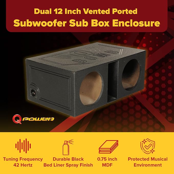 QPower 12 Inch Dual Vented Subwoofer Box, Ported Sub Enclosure System, Black - Car Audio and Sound Systems Accessories for Subwoofers and Speakers