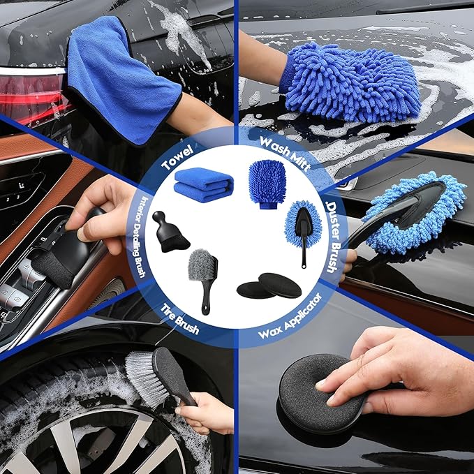 Qydipclin 41Pcs Car Detailing Kit, Car Detailing Brush Set, Car Wash Cleaning Kit, Car Detailing Brushes, Professional Car Care Kit for Interior Exterior Wheels, Blue