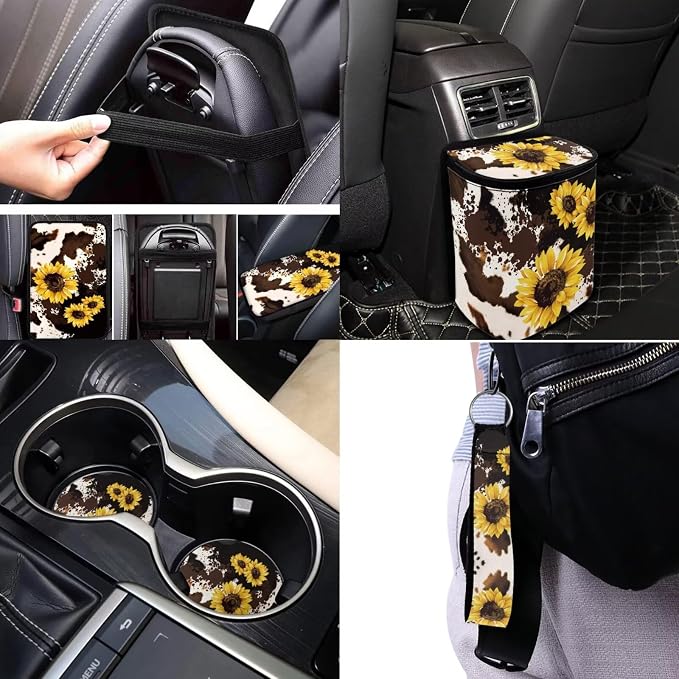 Sunflower Car Seat Covers Full Sets of 17 Pack,Brown Cow Print Car Accessories Sets for Women with Auto Head Rest Covers,Steering Wheel Auto Covers,Hanging Trash Bag,Universal Fit Most Auto