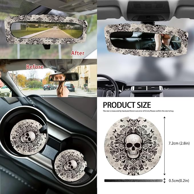 Gothic Skull Print Car Seat Covers Front and Back Full Set with Steering Wheel Cover Armrest Cushion Safety Belt Pads Rearview Mirror Cover for Most Cars, Easy to Install, Brown