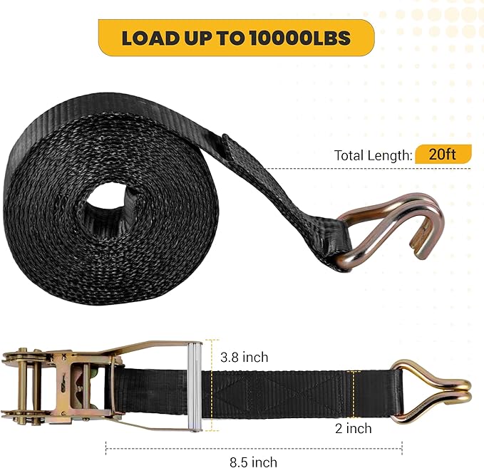 10000lbs Break Strength 2" x20FT Ratchet Straps 4-Pack - Heavy Duty Tie Downs with Double J-Hooks for Flatbed, Construction & Industrial Cargo - Black