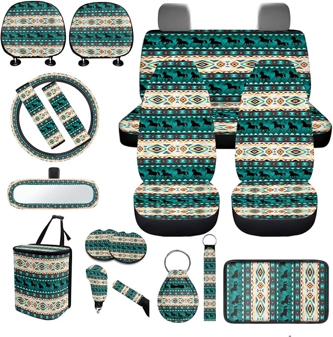 Navajo Tribal Car Seat Covers Full Set 18 Pieces Aztec Tribal Car Accessories Set Car Trash Can Steering Wheel Cover Car Headrest Covers Car Seat Belt Pads Cover,Easy to Install