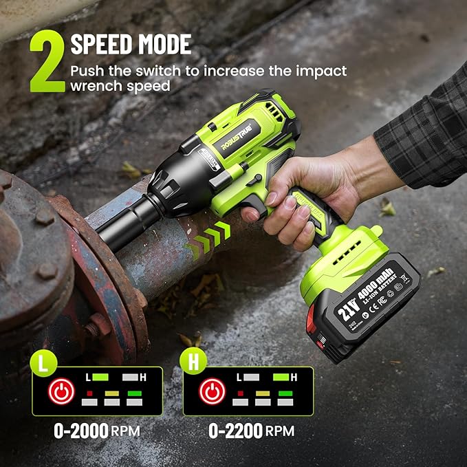 Robustrue Cordless Impact Wrench, 885Ft-lbs (1200N.m) 1/2" Brushless Impact Gun, 21V High Torque Power Impact Driver, 2x4.0Ah Batteries Electric Impact Motor Variable Speeds for Car/Truck RV/Mower