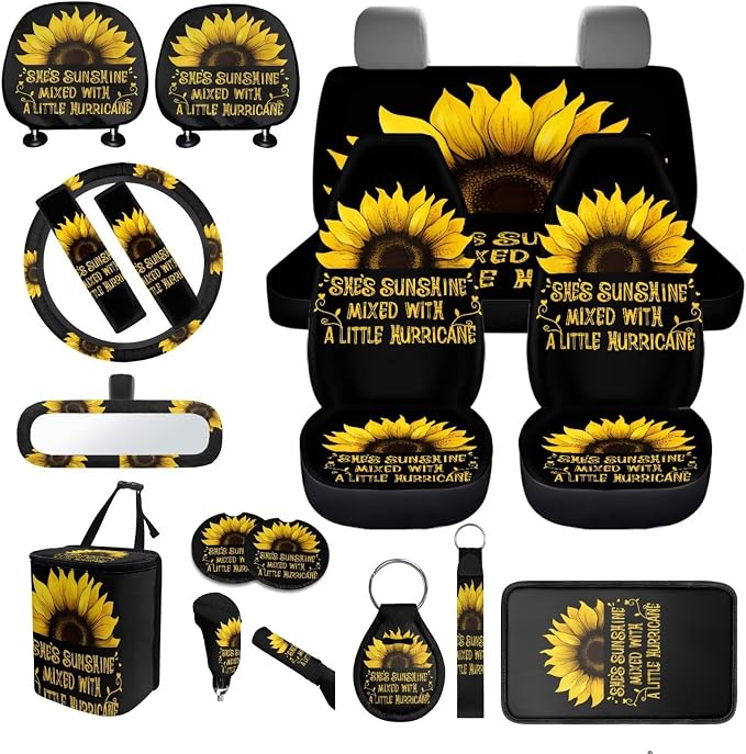 Sunflower Print Car Seat Covers Full Sets 18 Pieces Sunshine Sunflower Print Car Interior Accessories Sets with Steering Wheel Car Covers Car Headrest Covers Hanging Car Trash Can Belt Pads