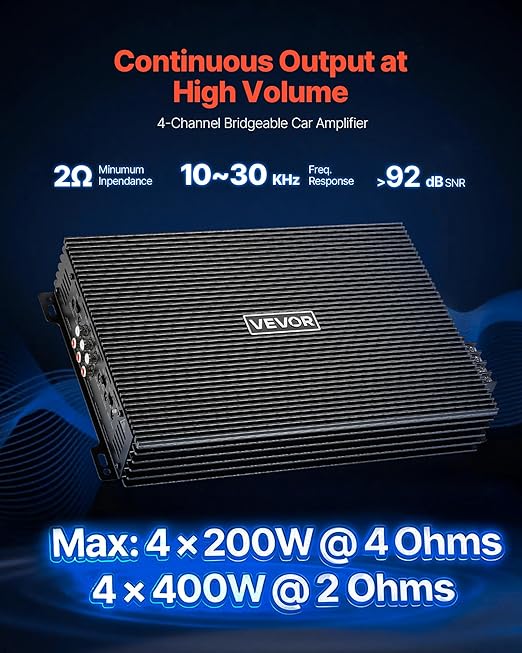 VEVOR 4 Channel Car Audio Amplifier 2 Ohm Stable Bridgeable Class A/B Full Range Amp Max Power 4 x 200W @ 4 Ohm / 4 x 400W @ 2 Ohm for Car SUV Truck Off-Road