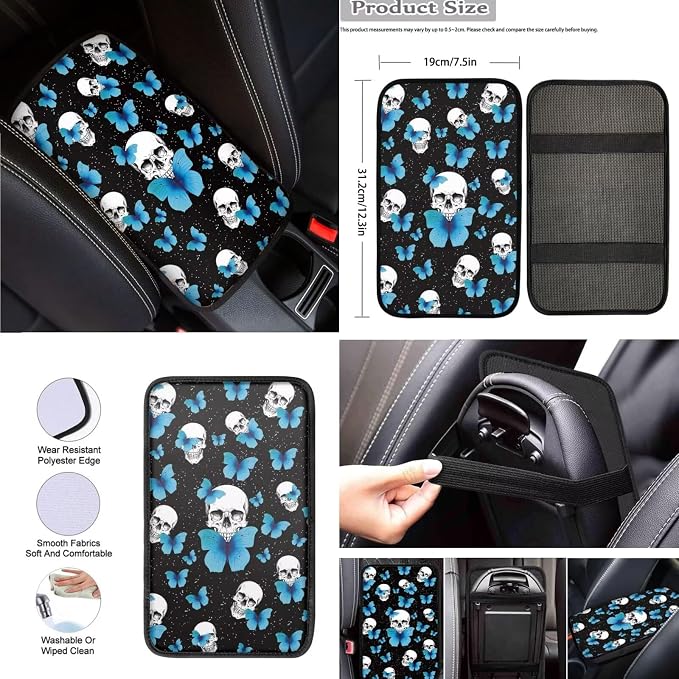 8 Pcs Blue Butterfly Skull Car Seat Covers Full Set Car Accessories for Women Front Seat Cover Steering Wheel Armrest Cover Seat Belt Cover for Auto SUV Interior Decoration