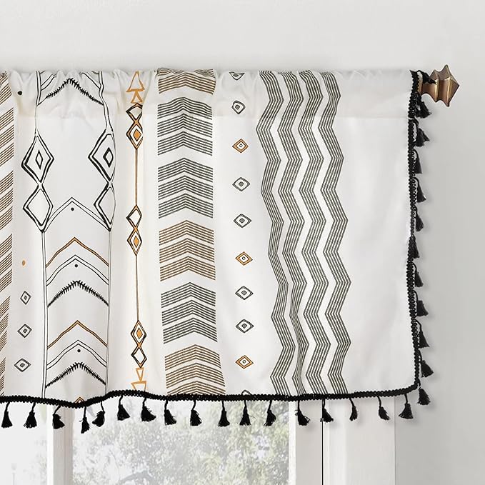 ColorBird Kitchen Window Curtains Over Sink Valance Short Boho Oven Curtain Basement Window Topper Light Filtering Rod Pocket 1 Panel for Cabinet RV (59" W x 18" L, Geometric)