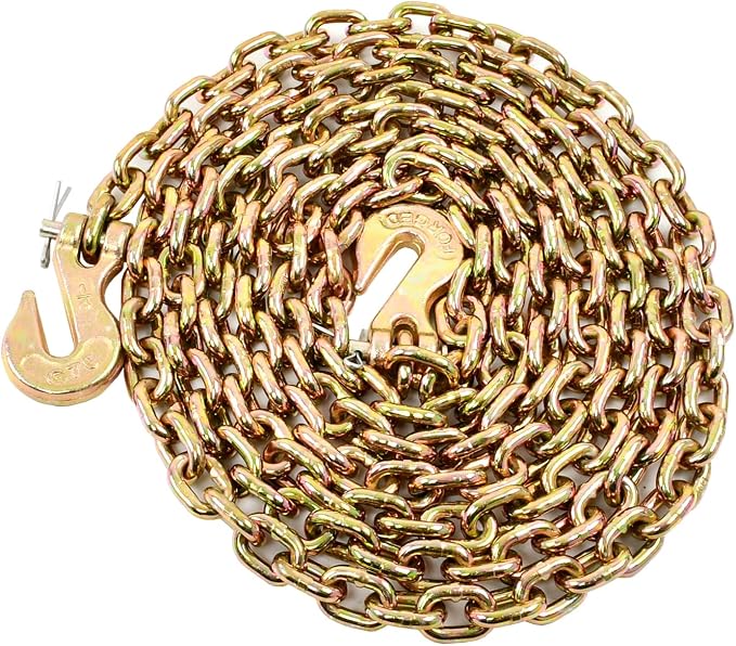1/4 Inch x 12 Feet Transport Binder Chain G80 Safey Tow Chain with Grab Hooks 3300 Lbs Safe Work Load for Transporting Towing Tie Down Binding Equipment