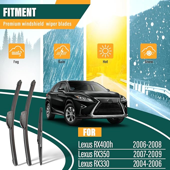 Windshield Wiper Blades Replacement for Lexus RX400h 2006-2008 RX350 2007-2009 RX330 2004-2006,Original Equipment Replacement Front Rear Wiper Blade Set - 26" 22" 14" (Set of 3)