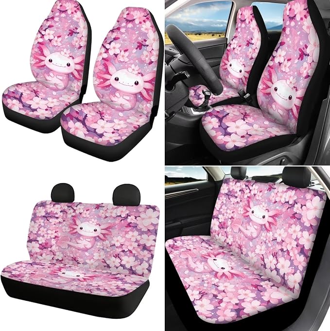 18 Pcs Cute Axolotl Car Seat Cover with Pillow Protector Full Set Universal Armrest Pads Steering Wheel Protector Seat Belt Pads Car Cup Coaster Handbrake Cover and Keychain,Pink