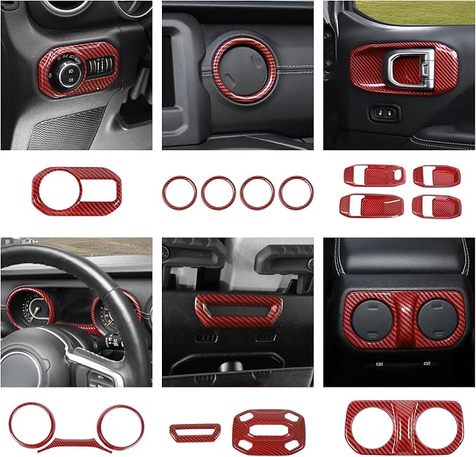 21PCS Red Carbon Fiber Interior Trim Kits Fit for 2018-2023 Jeep Wrangler JL JLU & Gladiator JT 4Door Interior Decor Accessories Dashboard Headlight Switch Roof Speaker Inner Door Bowl Steering Button