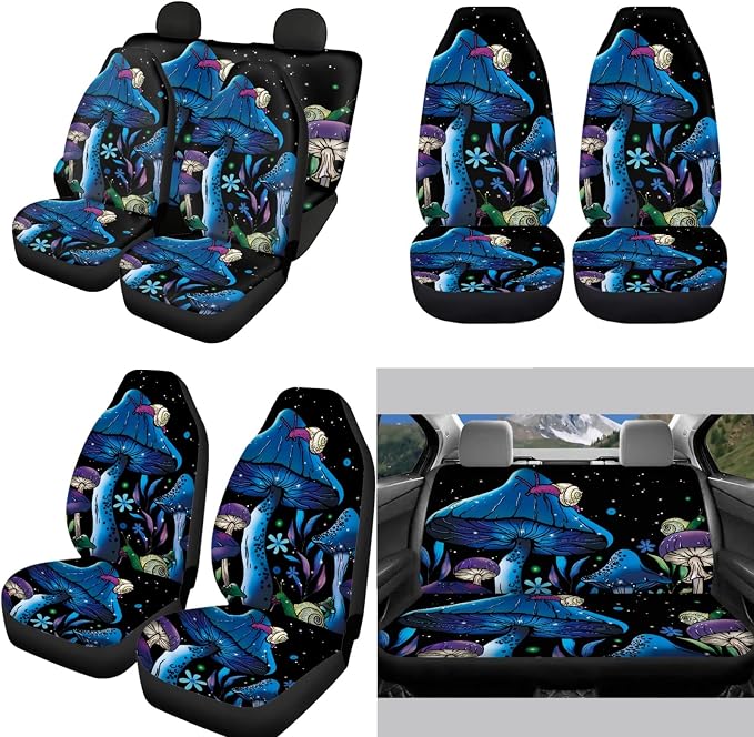 Galaxy Mushroom Car Seat Covers Tripped Mushroom Snail Seat Cover for Front &Rear,with Hippie Mushroom Coasters,2 Pcs Seatbelt Pad,15 Inch Steering Wheel Covers,Keychains Fit Most Vehicles