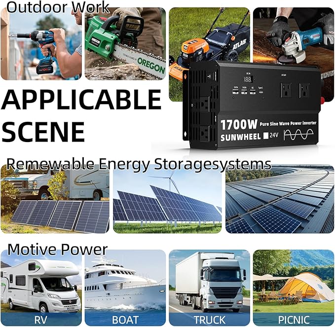 SUNWHEEL 1700W 24V Pure Sine Wave Inverter, 24V DC to 110V/120V AC Power Inverter for RV、Off Grid、Truck、Power Outage with 4 AC outlets and LCD Display