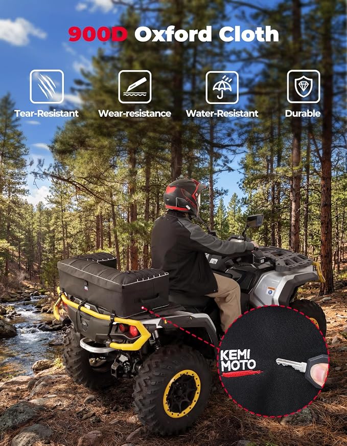 KEMIMOTO Upgraded ATV Storage Bags, 55L ATV Rear Seat Storage Bag Water-Resistant Four Wheeler Gear Bag Back Seat with Built-In Frame, Removable Cushion for Passenger