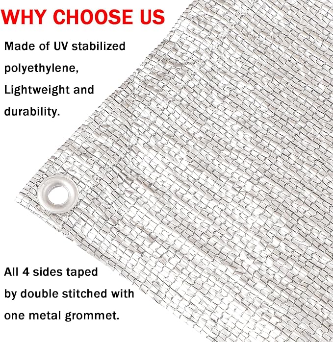 95% Sun Block Heavy Duty Aluminum Foil Shade Cloth with Grommets,20ft x 20ft, Mesh Sun Block Fabric Cover, Canopy, Privacy Screen for Outdoor Patio, Garden, Backyard, Silver