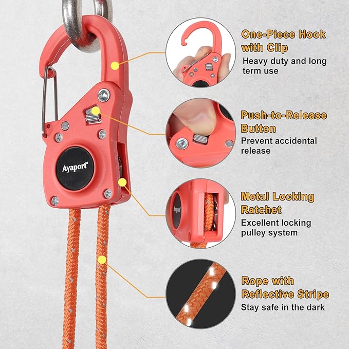 Ayaport Rope Tie Down Ratchet with Safety Lock Clip 1/4" x 12' Heavy Duty One-Piece Adjustable Kayak Straps for Tent, Tarp, Canopy Tie Downs,2Pk Orange