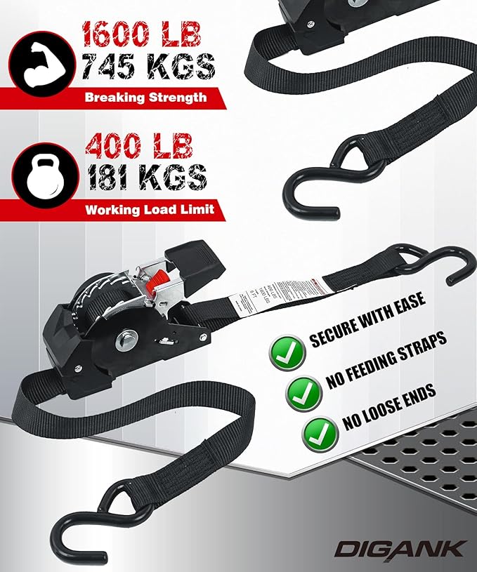 1" x 6' Retractable Ratchet Straps, 1600 lbs Break Strength, Heavy Duty 4 Pack, Self Retracting Tie Downs with S Hooks, DOT Approved for Durable Strapping for Trailers, Trucks, Boats, and Cargo