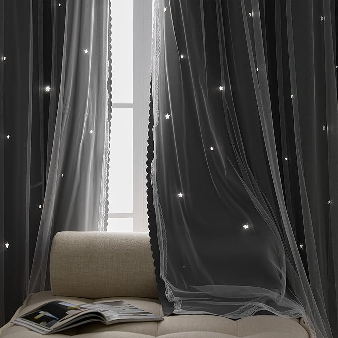 XiDi Star Curtains - Unicorn Kids Room & Bedroom Blackout Curtains, 63x52in, 2 Panel Sets, Grey