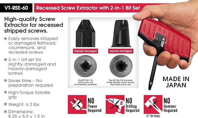 VAMPLIERS 2-PC Stripped Screw Extractor Tool Set. Made in Japan: 8" Linesman Plier + Recessed Screw Extractor. Remove any Rusted/Damaged/Specialty or Sunken Screws, Nuts and Bolts.