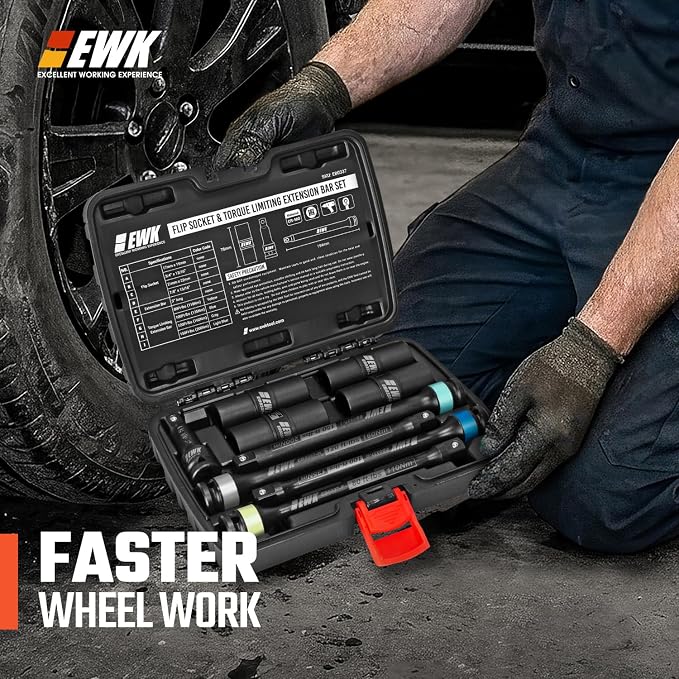 EWK 9-Piece 1/2 Inch Drive Thin Wall Flip Lug Nut Impact Socket and Torque Stick Set, 17x19mm 21x22mm 3/4x13/16 7/8x15/16, 80 100 120 150 Ft-lbs Torque Limiting Extensions for Wheel Service