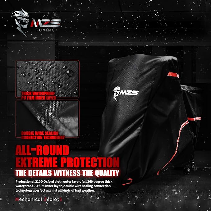 MZS Motorcycle Cover - All Season Weather Outdoor Waterproof Protection fits up to 104 inch XXL Compatible Touring Bikes Choppers Cruiser - Night Reflective Tear Scratch Wind Proof Lock Holes