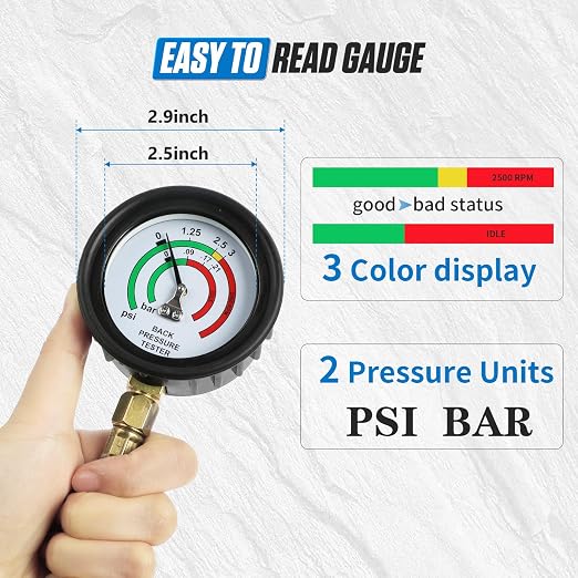 Exhaust Back Pressure Tester Kit, Professional Automotive Exhaust Back Pressure Gauge Set with 5FT Hose, M12 & M18 Adapters, for Trucks, SUVs, Vans etc.