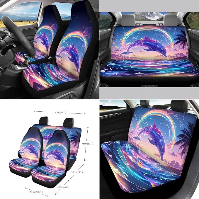 Dolphin Colorful Wave Print Car Seat Cover Full Set of 15 Steering Wheel Cover Seat Belt Strap Pad Trash Bag Air Vent Storage Holder Cup Coasters Rear View Mirror Covers Key Chain
