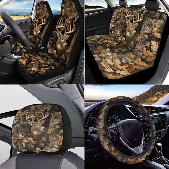 KEIAHUAN Deer Camo Hunting Car Seat Covers Full Set Front Rear Seat Covers Handbrake and Gear Shift Knob Cover,Headrest Covers,Steering Wheel Cover,Head Rest Cover,Coasters 11 PCS