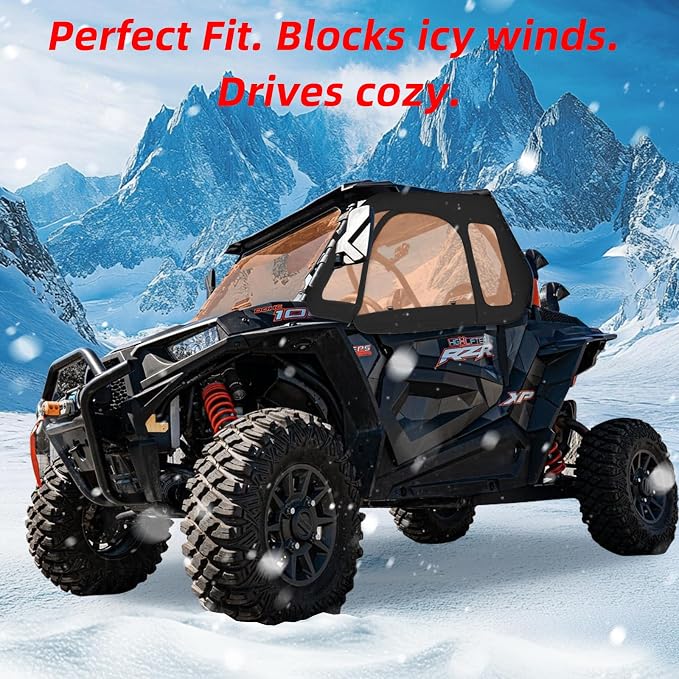 RZR Soft Upper Door YKK Zipper Compatible with Polaris RZR XP 1000 / XP Turbo 2014-2023 2-Seater Models, UTV Cab Enclosures Side Windows, Work with Side Mirror Windshield Roof