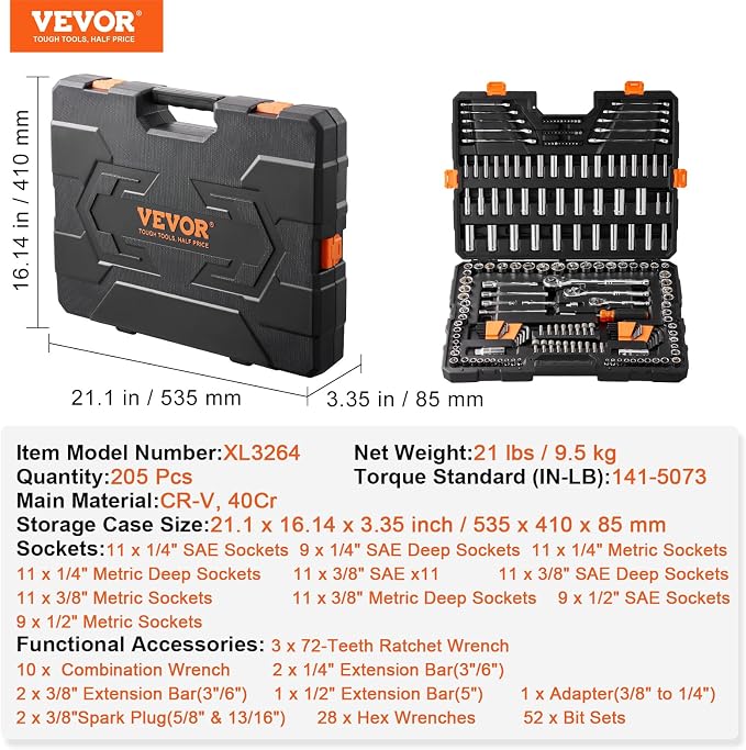 VEVOR Mechanics Tool Set, 205 Pcs SAE and Metric Sockets, 1/4" 3/8" 1/2" Drive Deep and Standard Sockets, Chrome Vanadium Steel, Polyethylene