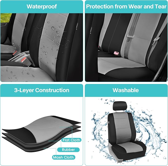 FH Group Waterproof Neoprene Car Seat Covers Full Set – Universal Fit Front & Split Bench Rear Seat Covers, Airbag Compatible Automotive Seat Protectors for Cars, SUVs & Vans, Gray