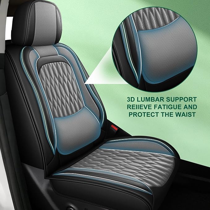 Seat Covers Compatible with Dodge RAM 1500 2500 3500 2009-2025 - Front Set - Faux Leather Lumbar Support Seat Cover Waterproof Seat Protector (Black & Grey)