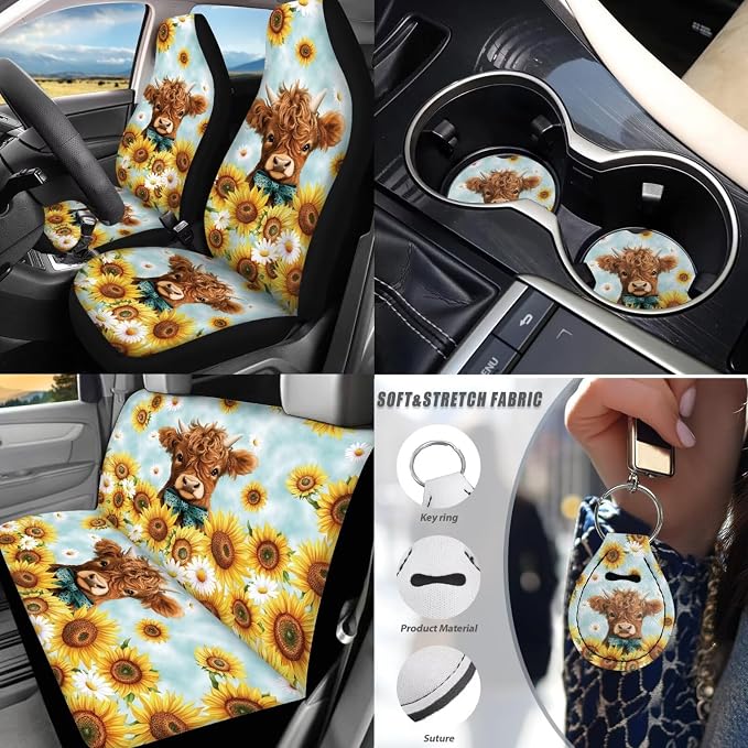 Highland Cow Car Seat Covers Full Sets 17 Pack Sunflower Car Accessories Set with Auto Front Rear Foot Carpet,Sunflower Seat Belt Shoulder Pad,Steering Wheel Covers,Cup Mats,Universal Fit