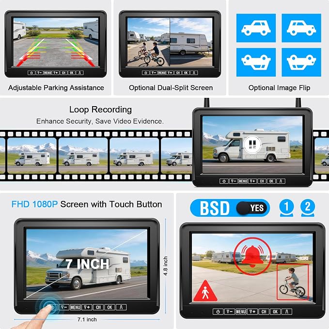 Fookoo Dual Magnetic Solar Wireless Backup Camera, 7" DVR Monitor with BSD HD 1080P Portable 2 Rear View Cameras Night Vision Waterproof for Truck Trailer Pickup RV Camper Trailer Tractor DTC702